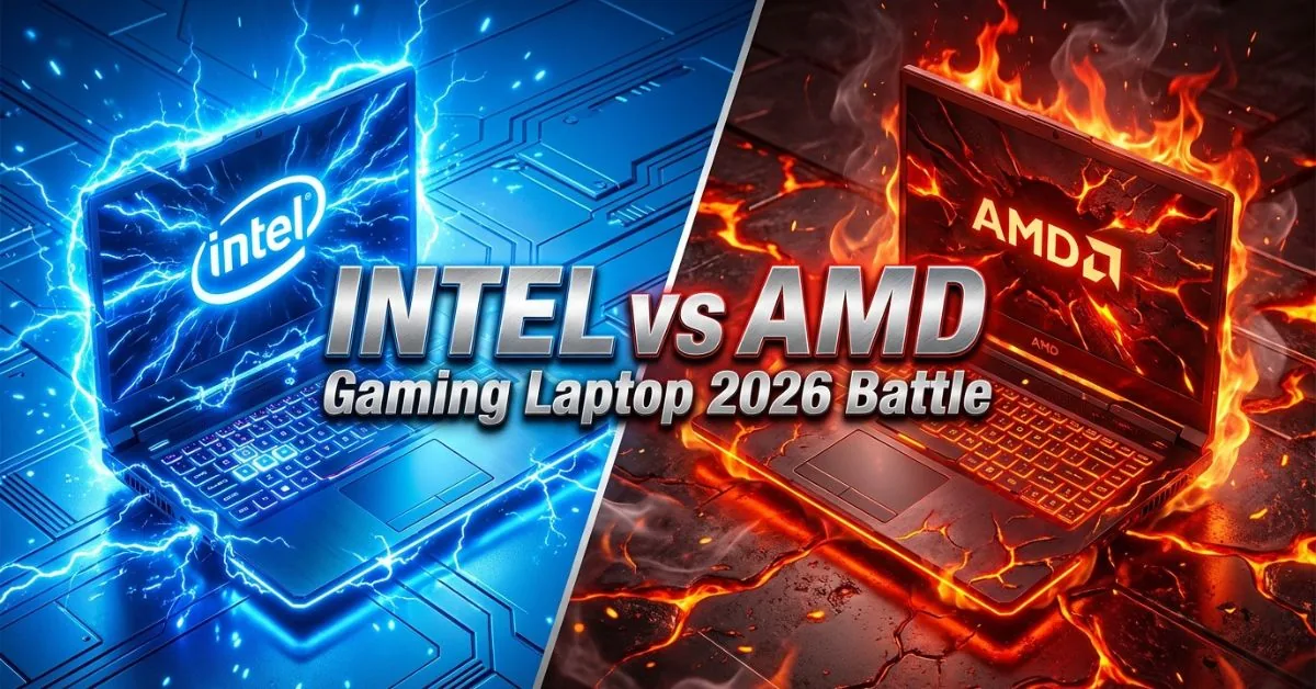 Intel vs AMD Gaming Laptop 2026 battle comparison with blue vs red gaming laptops
