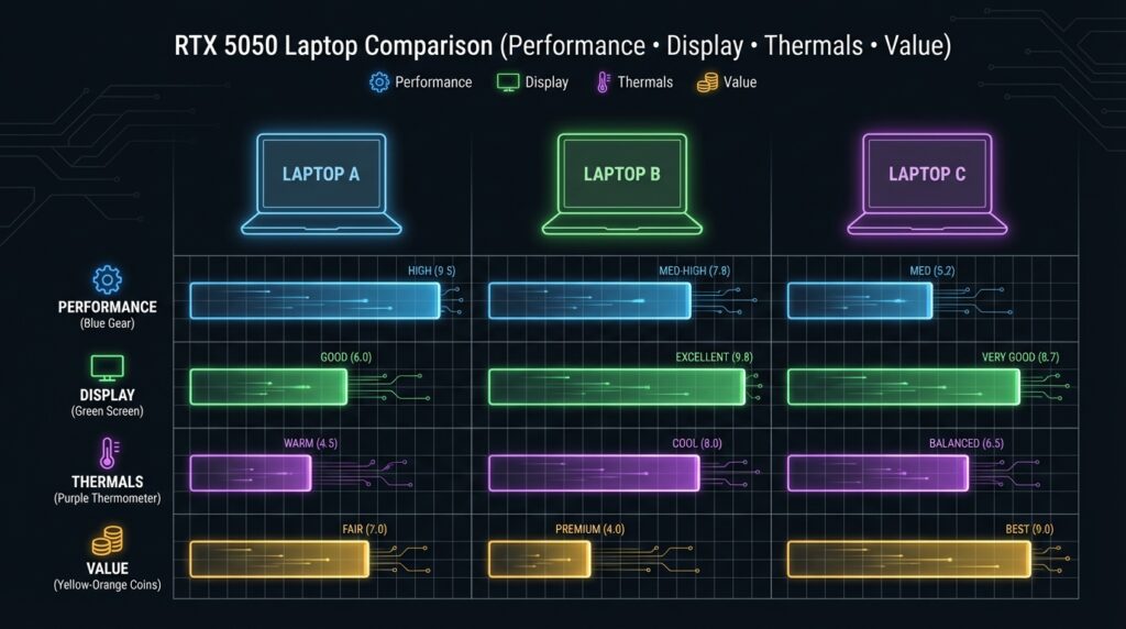 RTX 5050 gaming laptop comparison chart 2026 with performance and display indicators
