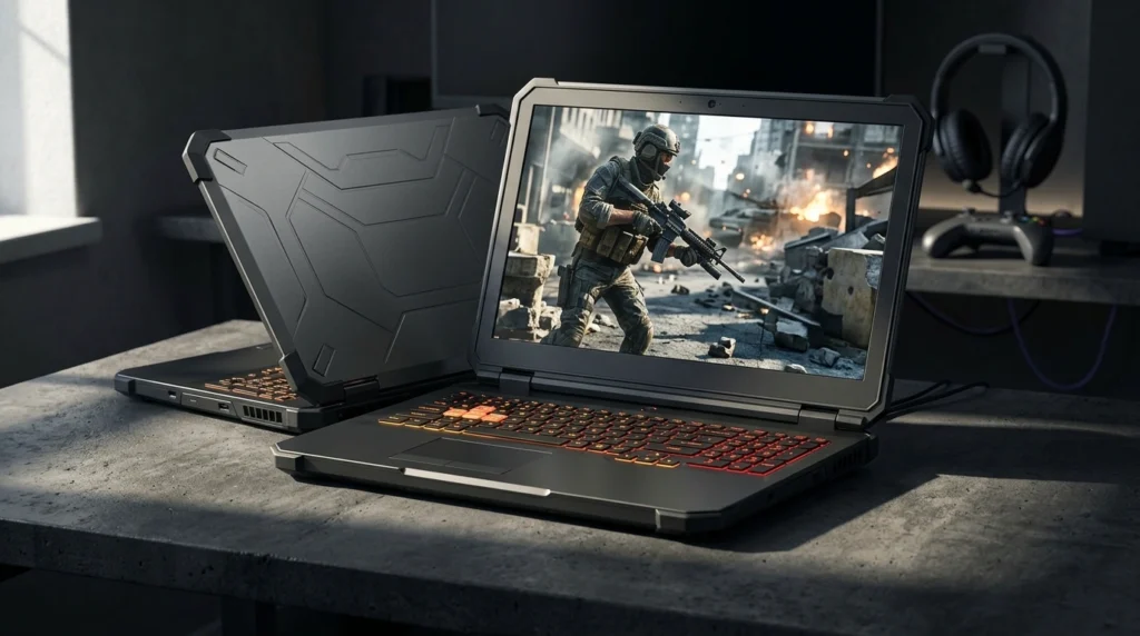 ASUS TUF Gaming A15 gaming laptop open on desk with RGB keyboard glowing 2026