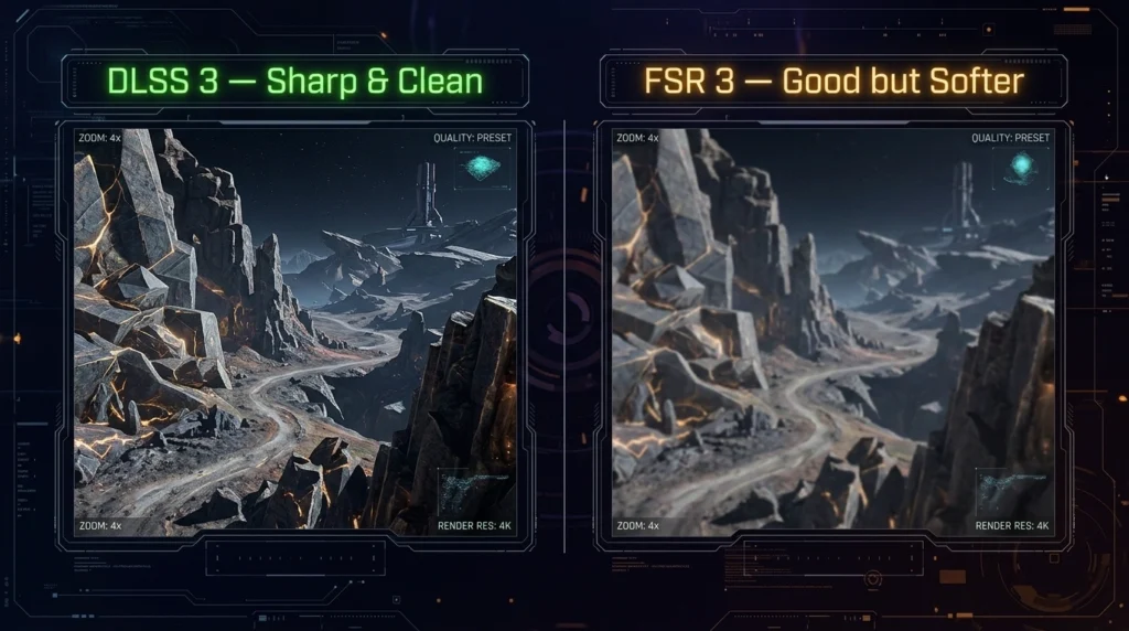 DLSS 3 vs FSR 3 upscaling image quality comparison RTX 4060 RX 7600 2026