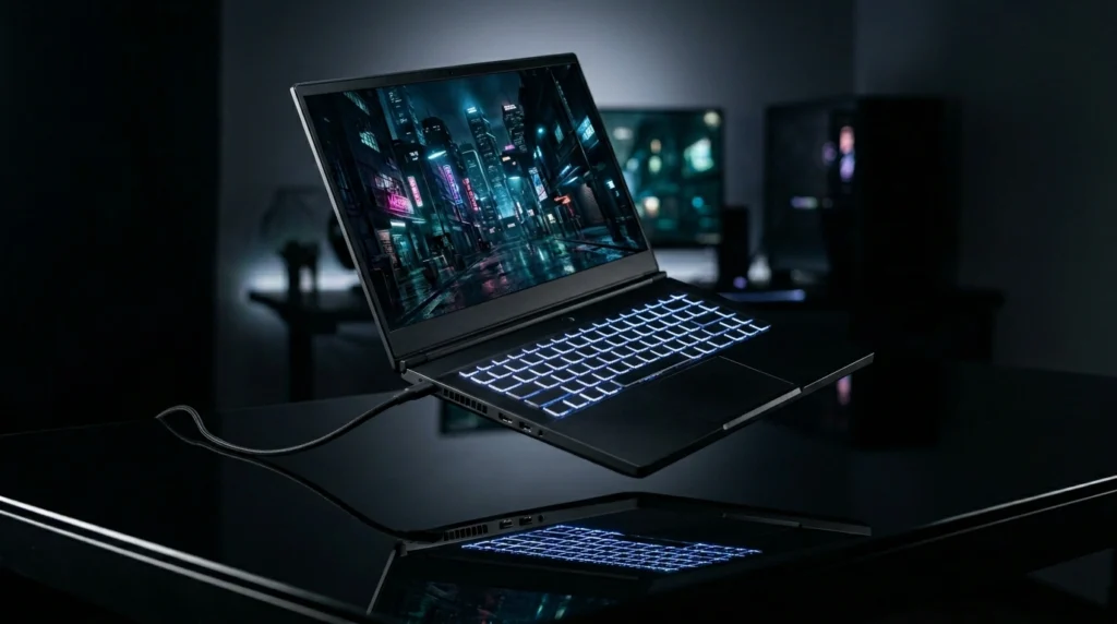 MSI Thin 15 RTX 4060 gaming laptop ultra-thin chassis on gaming desk 2026