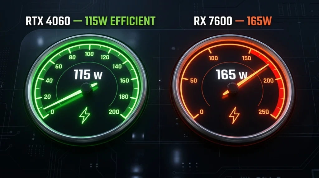RTX 4060 vs RX 7600 power consumption and thermal comparison 2026