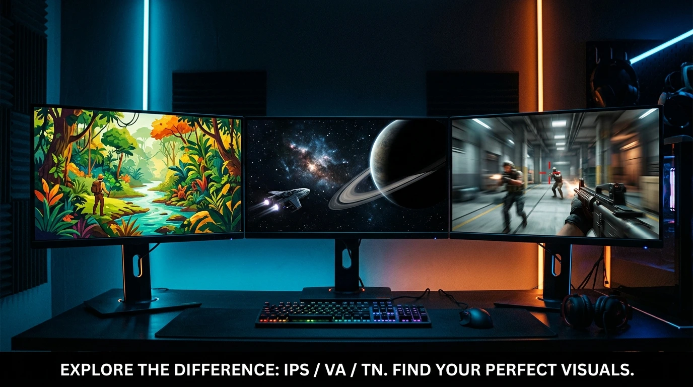 IPS vs VA vs TN monitor gaming 2026 comparison — three panel types side by side