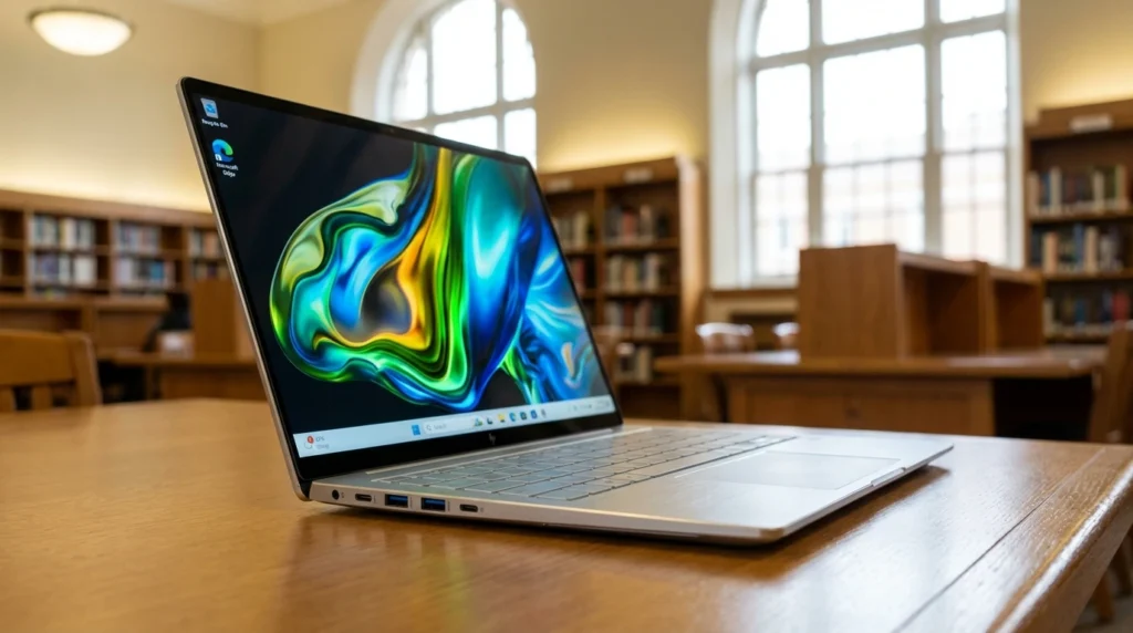Slim silver touchscreen laptop open on a library table showing OLED display — Acer Swift Go 14 college laptop 2026