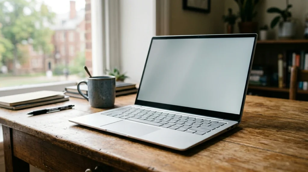Thin ultrabook laptop in sky blue color open on a college desk showing keyboard — best MacBook for college 2026