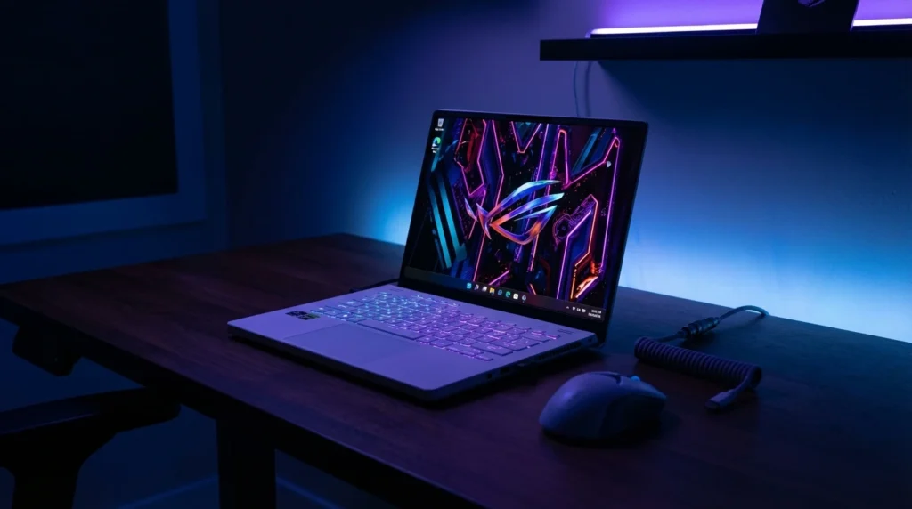 White 14-inch gaming laptop with vibrant OLED display and RGB keyboard on desk — ASUS ROG Zephyrus G14 college gaming 2026