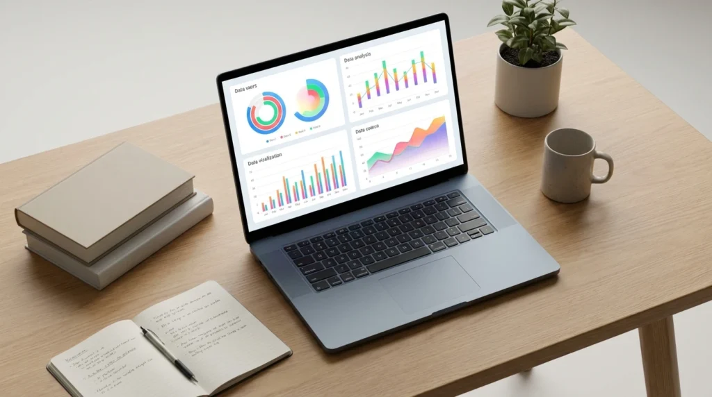 Large 16-inch laptop open showing big bright display on student desk — ASUS Vivobook 16 AI college laptop 2026