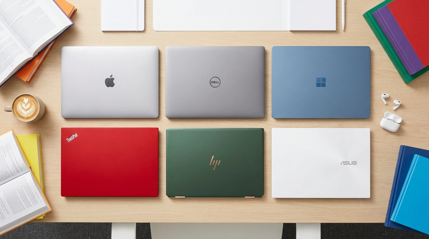 Six best laptops for college students 2026 arranged on a college desk with textbooks