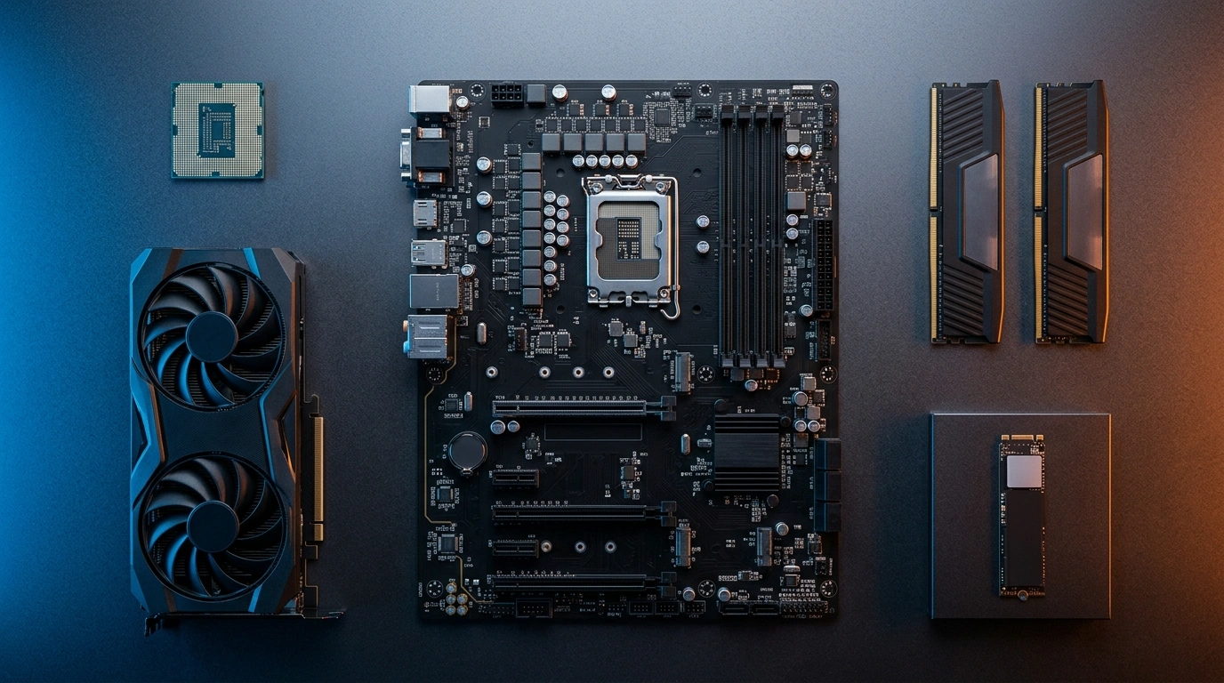 Budget gaming PC build 2026 — complete parts flatlay including CPU, GPU, RAM, SSD and motherboard