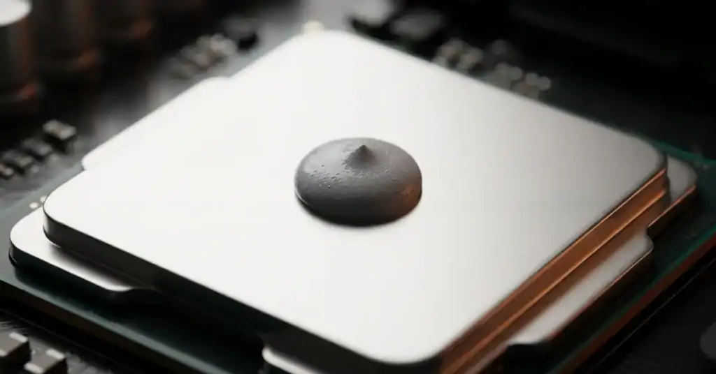 Correct pea-sized thermal paste dot applied to CPU center — proper method to fix gaming PC overheating