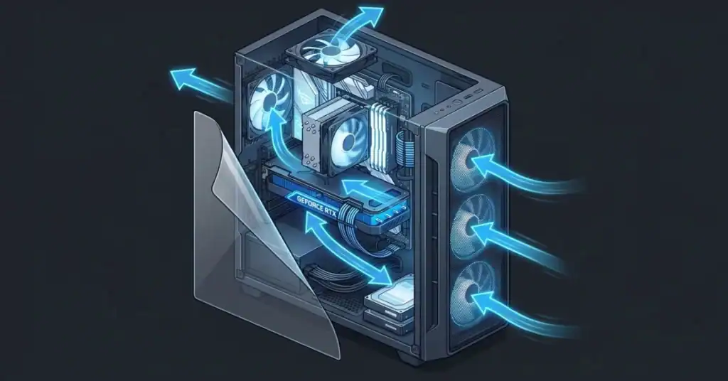Gaming PC case airflow diagram showing correct intake and exhaust fan positions to prevent overheating