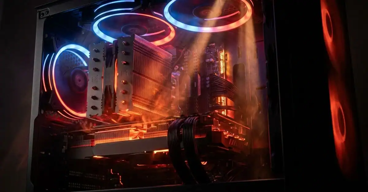 Gaming PC interior glowing red from overheating GPU with heat haze rising from components