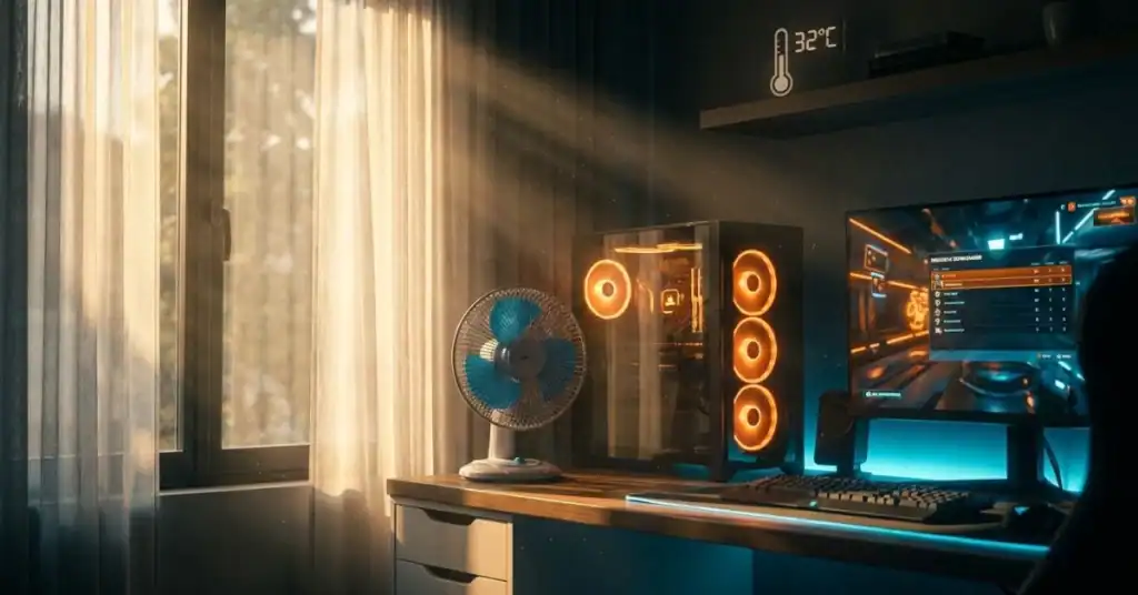 Gaming PC overheating in summer with desk fan used for supplemental cooling in hot room