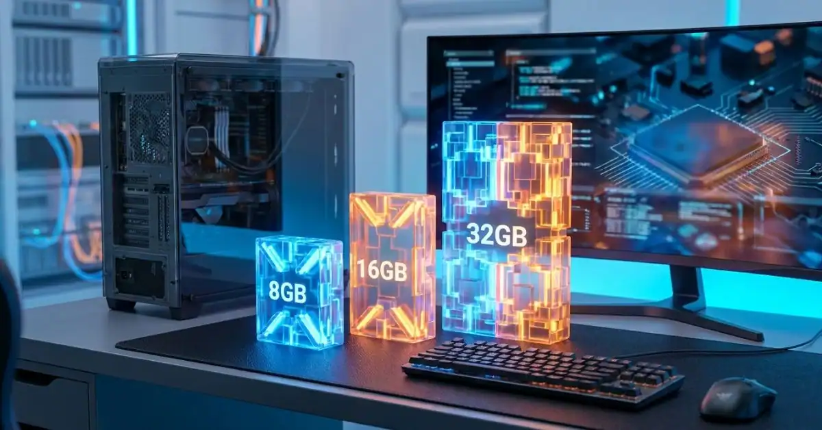 How much RAM for gaming guide showing 8GB 16GB and 32GB memory choices