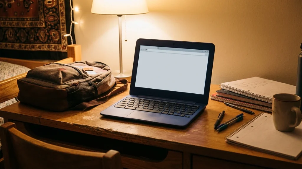 Compact navy blue budget laptop on a dorm desk with student backpack — Lenovo Chromebook for college students 2026