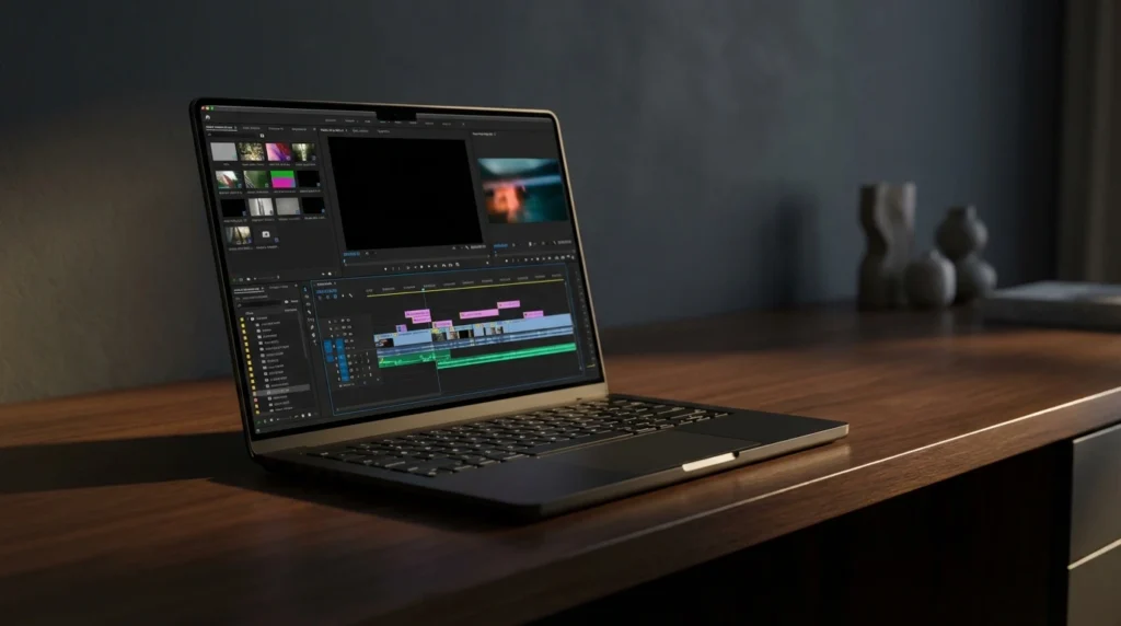 Premium dark space black 14-inch laptop showing video editing software — MacBook Pro M4 Pro for college power users 2026