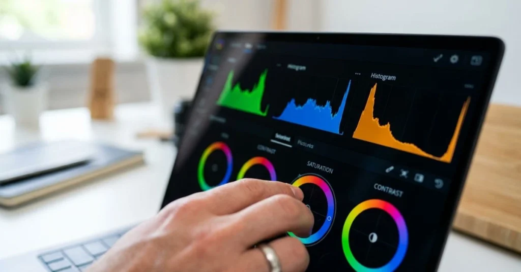 OLED creator laptop display showing wide color gamut for photo and video editing