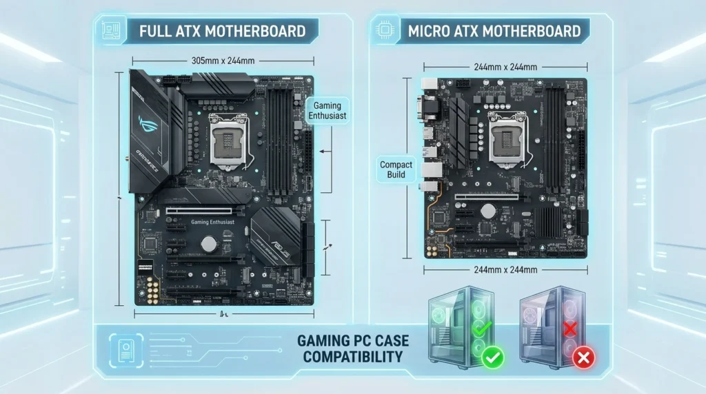 ATX and Micro ATX motherboard size comparison for gaming PC builders