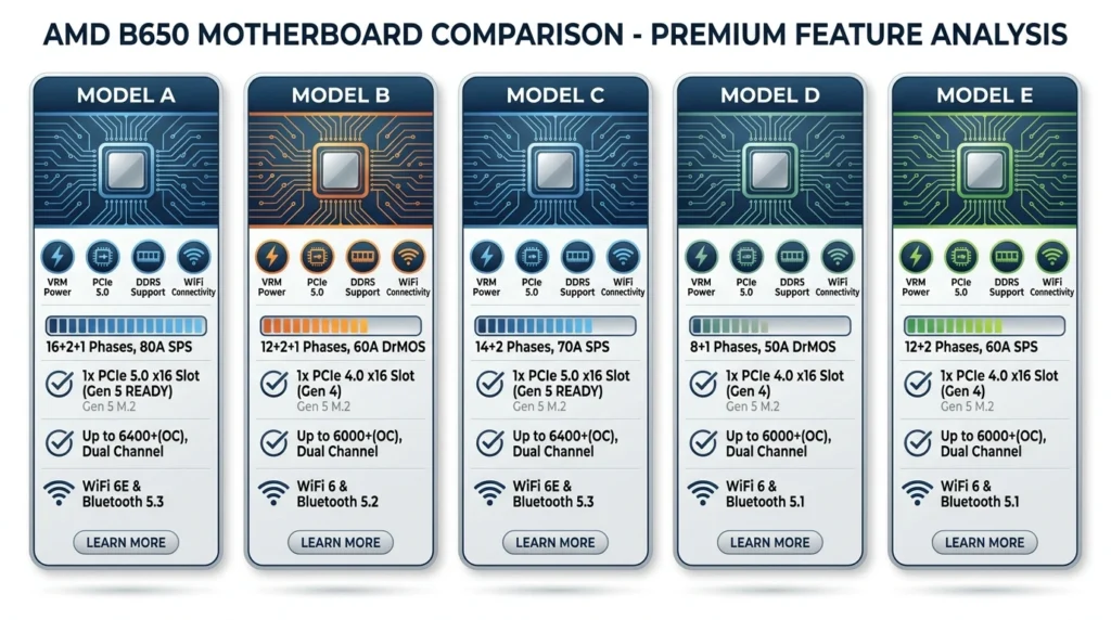 B650 motherboard comparison chart showing VRM, PCIe 5.0, WiFi and pricing differences