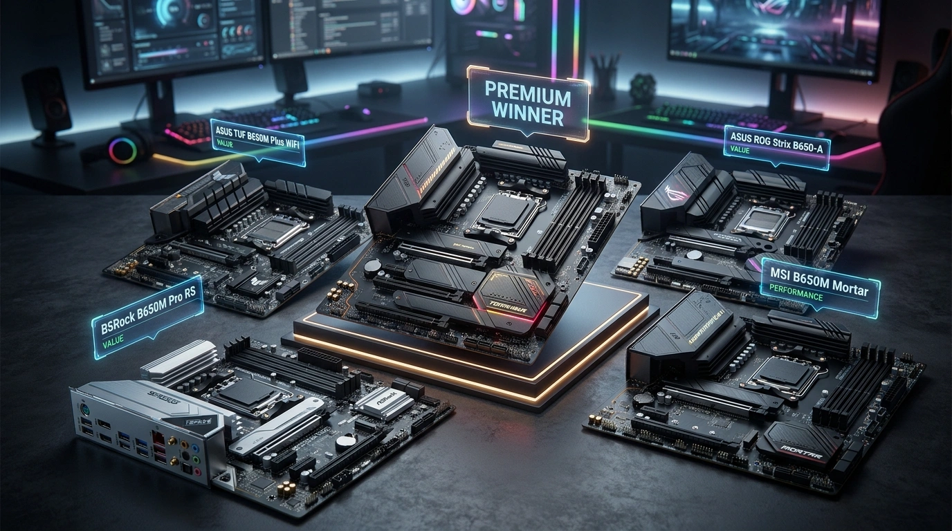 Best B650 motherboard comparison featuring MSI Tomahawk, ASUS TUF, ROG Strix, ASRock Pro RS and MSI Mortar WiFi for Ryzen 7000 and Ryzen 9000 builds